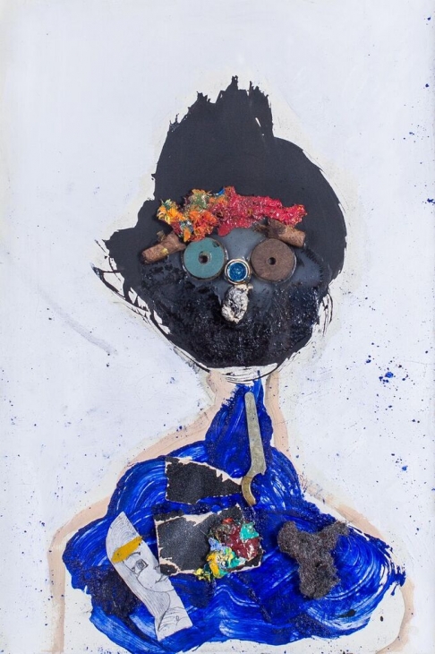 Angel Eyes by Leroy Miranda Jr. | Mixed media assemblage using oil and acrylic paint and found objects on archival paper. Framed with Angel Eyes